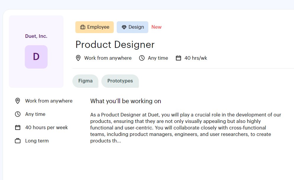 Job for @duetdisplay Work from #anywhere #Employee #Design #Figma #Prototypes #Work #hot #job #worldwide
Product Designer - $40 – 75/hr

Apply as a Talent Here lnkd.in/dtirbBiD fill all lnkd.in/dtirbBiD

Other Skills
Requirements Writing
UX RESEARCH
Wireframing