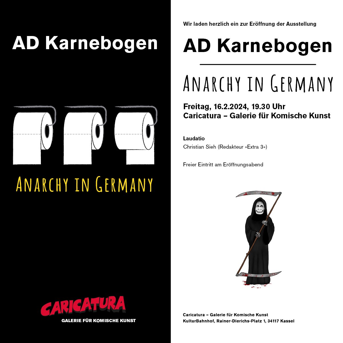 Seit heute sind wir in der Umbaupause. Weiter geht’s am 16. Februar mit der Eröffnung der Ausstellung »Anarchy in Germany«, die Werke des großartigen @adkarnebogen zeigt. 

caricatura.de/ad-karnebogen/

#adkarnebogen #anarchy #germany #cartoons #caricatura #kasselkultur