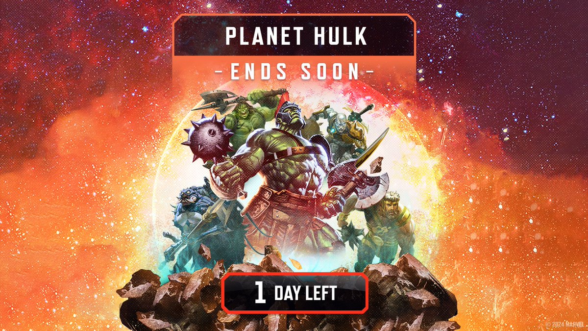 MARVELSNAP_ES's tweet image. ¡Solo queda un día para conseguir tus recompensas antes de que se ponga el sol en el Planeta Hulk!