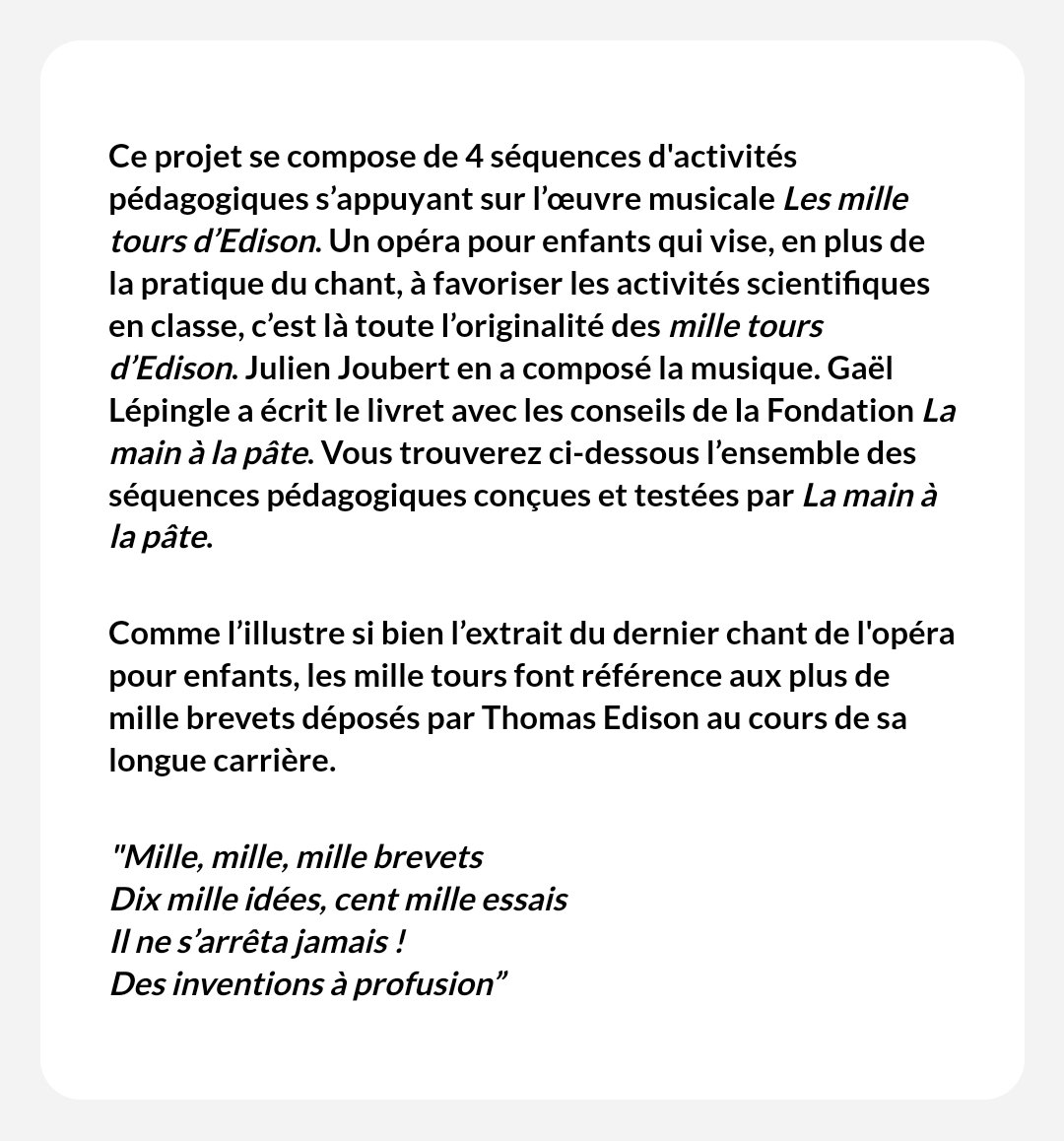 #cycle3 #cycle4 Pratiquer la #musique et les #sciences avec l'opéra pour enfants 'Les mille tours d'Edison' de @julien_joubert @Fondation_Lamap @MaitriseRF @PhilharRF =>fondation-lamap.org/projet/les-100…