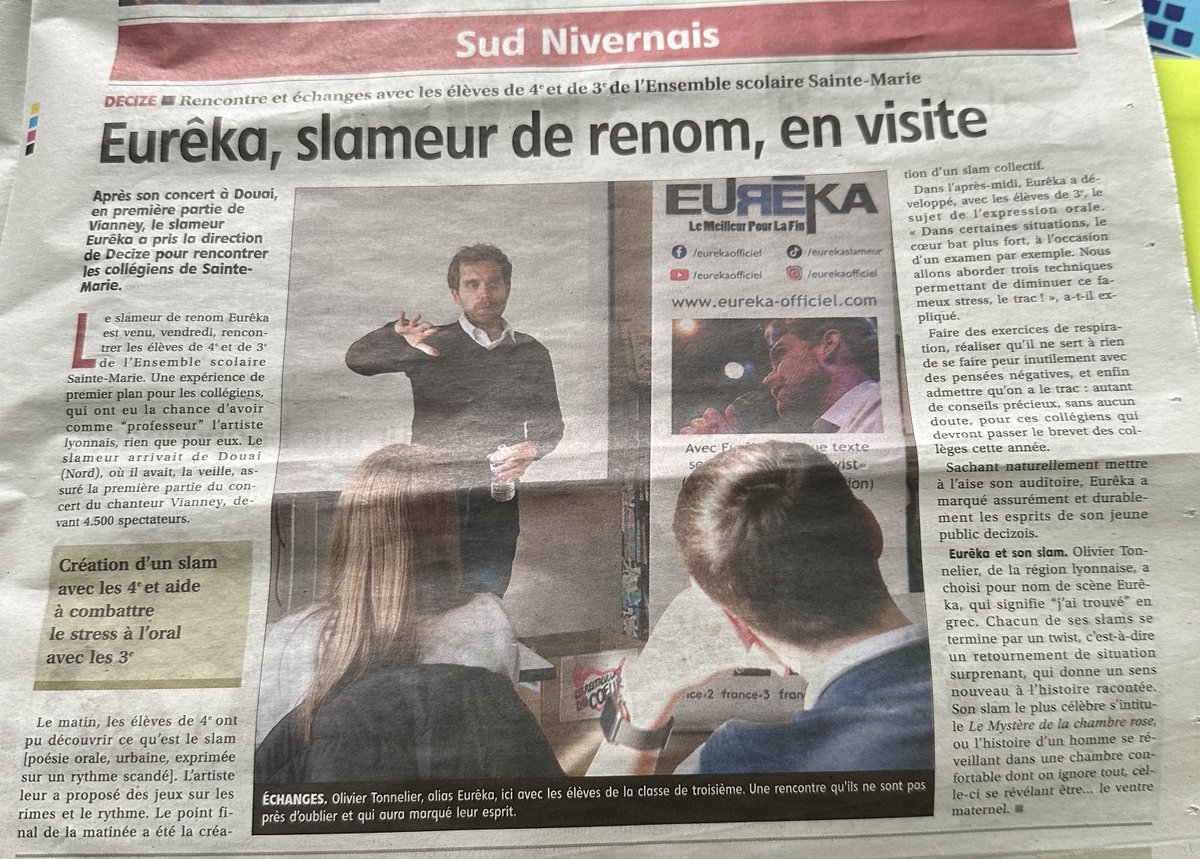 eurekaofficiel's tweet image. 🟥🙏 Merci @lejdc_fr d’avoir couvert ma conférence musicale "Ecrivez votre premier slam" au Collège Sainte-Marie de #Decize (58) !  😉 

👉 Toutes les infos sur ce spectacle interactif pour collèges et lycées éligible au @pass_Culture  sont ici 👉 eureka-officiel.com/ateliers-scola… ! 📲