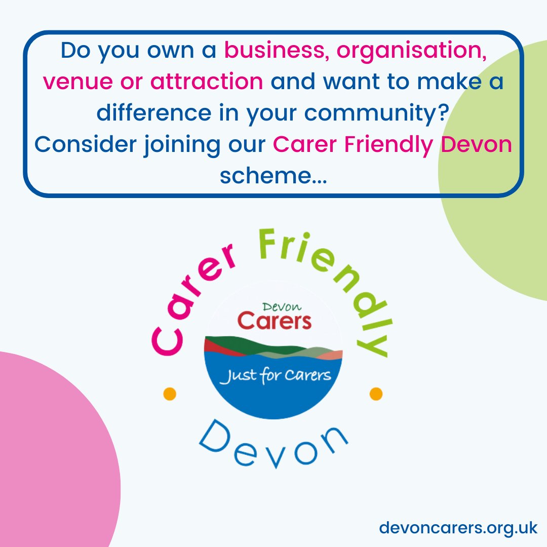 We're encouraging local businesses to join our FREE Carer Friendly Devon scheme to help make the shopping experience of carers easier🛍️

Could you offer a discount, a chair for the person they care for to sit, a 'quiet hour' or disabled access? 

More👉 devoncarers.org.uk/community/care…