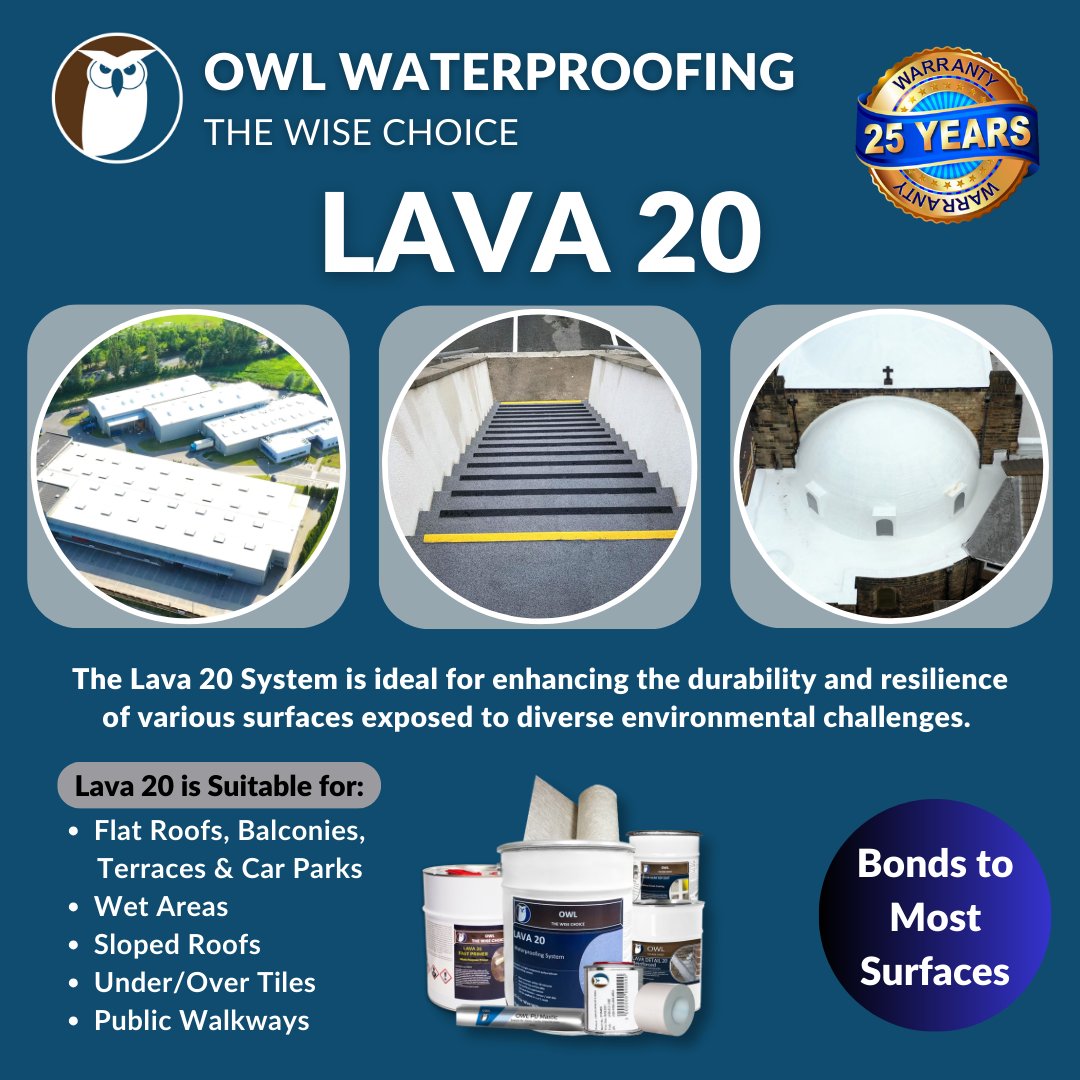 OWL_Waterproof's tweet image. Lava 20 is an advanced waterproofing system that's designed to provide long-lasting and effective protection for your Roof, Balcony, Car Park, Wet Areas, Under / Over Tiles, Public Walkways, Basement, or Terrace.

#RoofingProblems #LeakingRoof #commercialroofing #construction