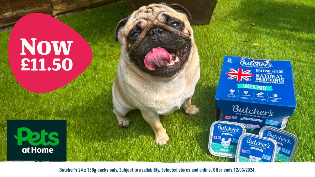 How can you make your dog smile like Dug the Pug? 🐶 Head to @petsathome and stock up on your dog's favourite 24-pack trays for just £11.50!👉 bit.ly/3SkvWj0?utm_so… Butcher's 24 x 150g packs only. Subject to availability. Selected stores and online. Offer ends 12/03/2024.