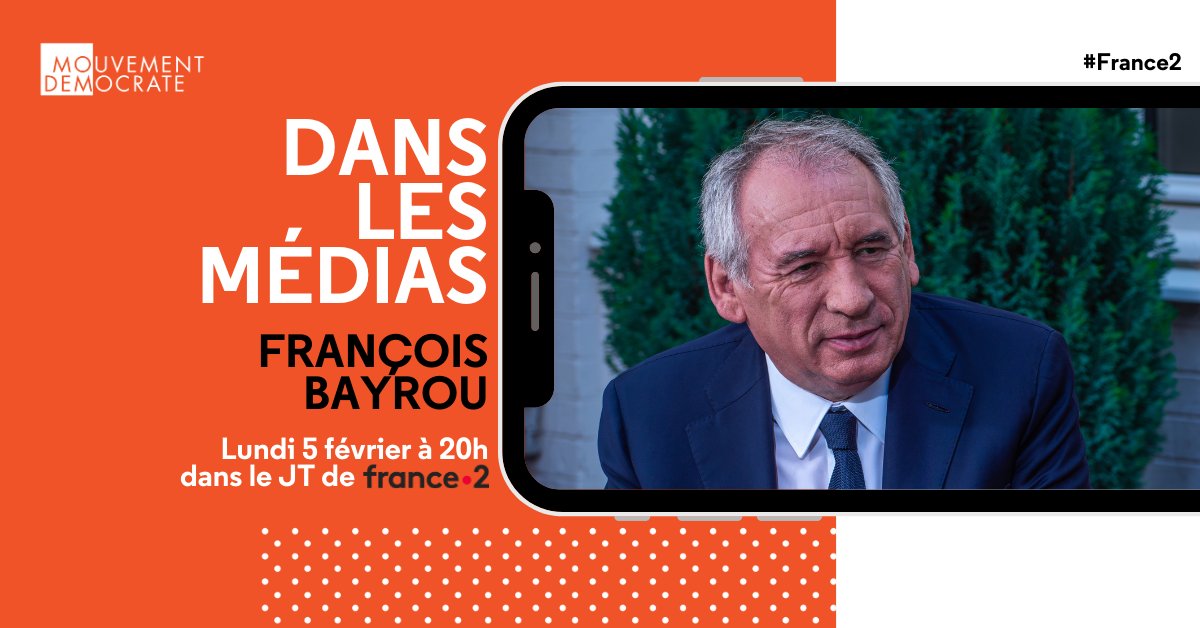 bayrou's tweet image. 📺 Je vous donne rendez-vous ce soir dans le journal de @infofrance2

🗓️ Retrouvons-nous ce lundi dans le #JT20H 👉 france.tv/france-2/direc…