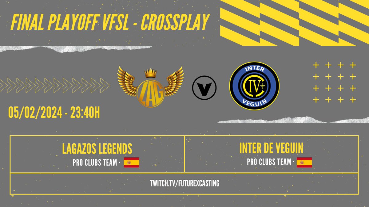 VFSL Spain (@vfsl_spain) on Twitter photo Esta noche tenemos una cita en la FINAL de PLAYOFF por el título de Crossplay. Noche especial, ya que será el último partido de <a href="/VFSL_Spain/">VFSL Spain</a>:
⏰23:40h - <a href="/LagazosLegends/">💛Lagazos Legends🖤</a> 🆚 <a href="/e_veguin/">Inter de Veguin</a>
🎙️<a href="/I_REIGN_I/">HASBUKHACHEV</a>
🎥twitch.tv/futurexcasting
¡No dejes que te lo cuenten!
#TheLastMatchVFSL Esta noche tenemos una cita en la FINAL de PLAYOFF por el título de Crossplay. Noche especial, ya que será el último partido de <a href="/VFSL_Spain/">VFSL Spain</a>:
⏰23:40h - <a href="/LagazosLegends/">💛Lagazos Legends🖤</a> 🆚 <a href="/e_veguin/">Inter de Veguin</a>
🎙️<a href="/I_REIGN_I/">HASBUKHACHEV</a>
🎥twitch.tv/futurexcasting
¡No dejes que te lo cuenten!
#TheLastMatchVFSL