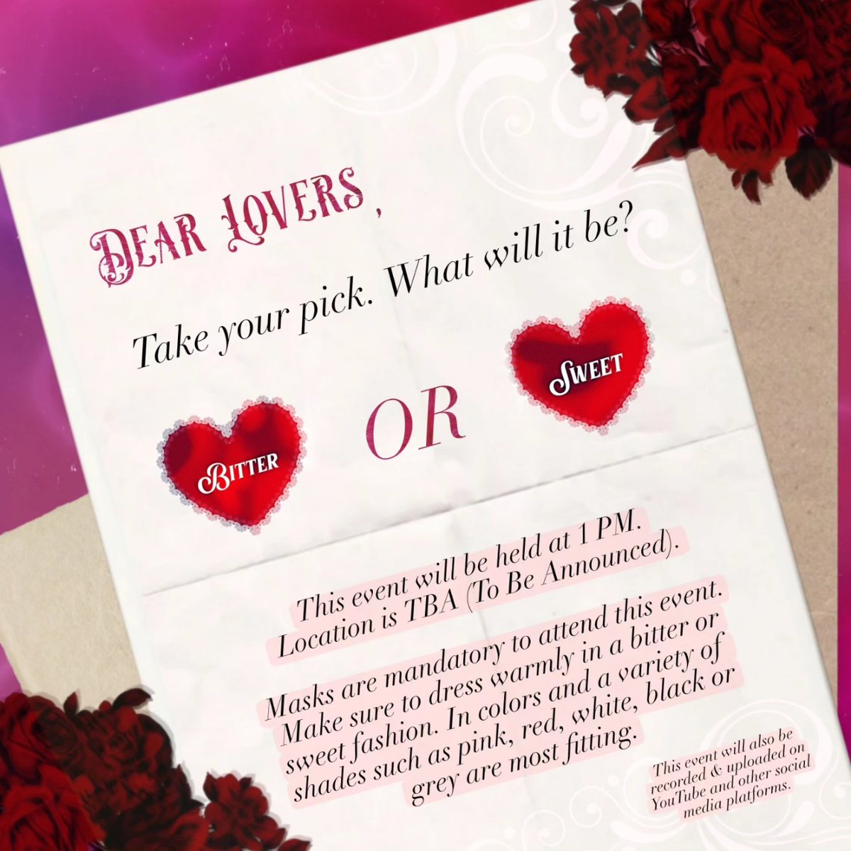 wishverseco's tweet image. 💌 Dear Lovers, welcome to Bittersweet! 

A K-pop #RandomPlayDance taking place near you that will exclusively feature two rounds of your favorite hits to celebrate the many facets of love: Bitter and Sweet.

❤️ RPD will be held at 1 PM EST on February 17th.

💔  Location: TBA