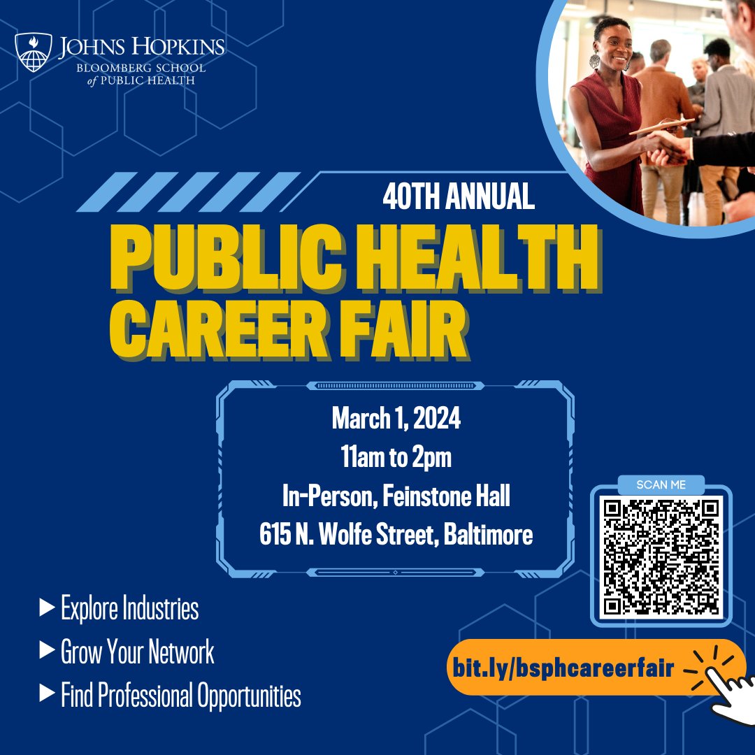 The @JohnsHopkinsSPH is holding its #PublicHealth #CareerFair! Don't miss this #opportunity to connect with recruiters, explore #professionalopportunities, & gain insights into various industries! 🗓️ March 1st 🕒 11AM - 2PM 📍 615 N. Wolfe St. Register: loom.ly/WUyPzow