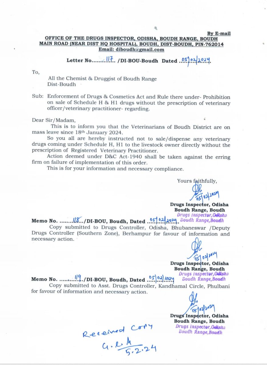OVSABoudha's tweet photo. Letter of Drug Inspector ,Boudh regarding enforcement of drugs and cosmetics act for prohibition of sale of schedule H &amp; H1 drugs without prescription of Veterinary Doctors
@dmboudh @CMO_Odisha @farddept @MoSarkar5T 
#VetsDemandJustice #OdishaVetsOnProtest 
#AnimalHealthMatters https://t.co/onxbcVeatT