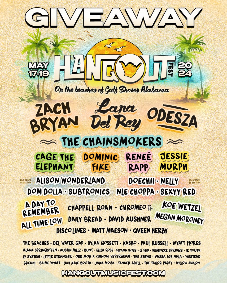 ENTER TO WIN a pair of tickets to @Hangoutfest to see Zach Bryan, Lana Del Rey, Odesza & more! 🌴 Enter here: instagram.com/p/C2-TGkfOjjT/
