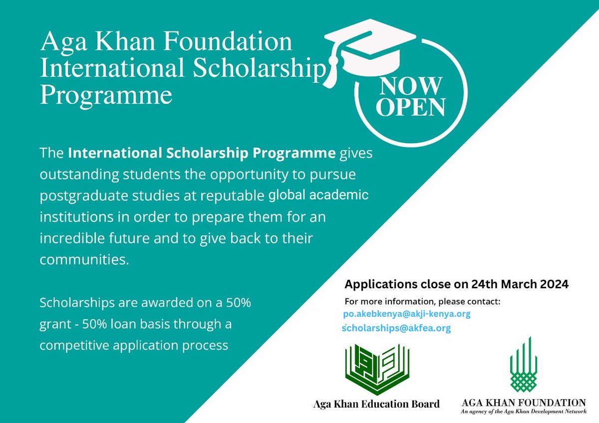 #Scholarship #opportunity with AKF's International Scholarship Programme. Application deadline is March 24, 2024. For more information, contact Kenya: scholarships@akfea.org Tanzania: info.akftz@akdn.org Uganda: ugandaoperations@akdn.org