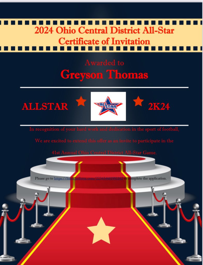 Congratulations to <a href="/Thomas24Greyson/">Greyson Thomas</a> for being selected to participate in the 2K24 Ohio Central District Allstar Football Game that will be played this June. Please enroll at the link below for more information. #2K24UrUpNext 🦾🏈🏆 form.jotform.com/223454681991162