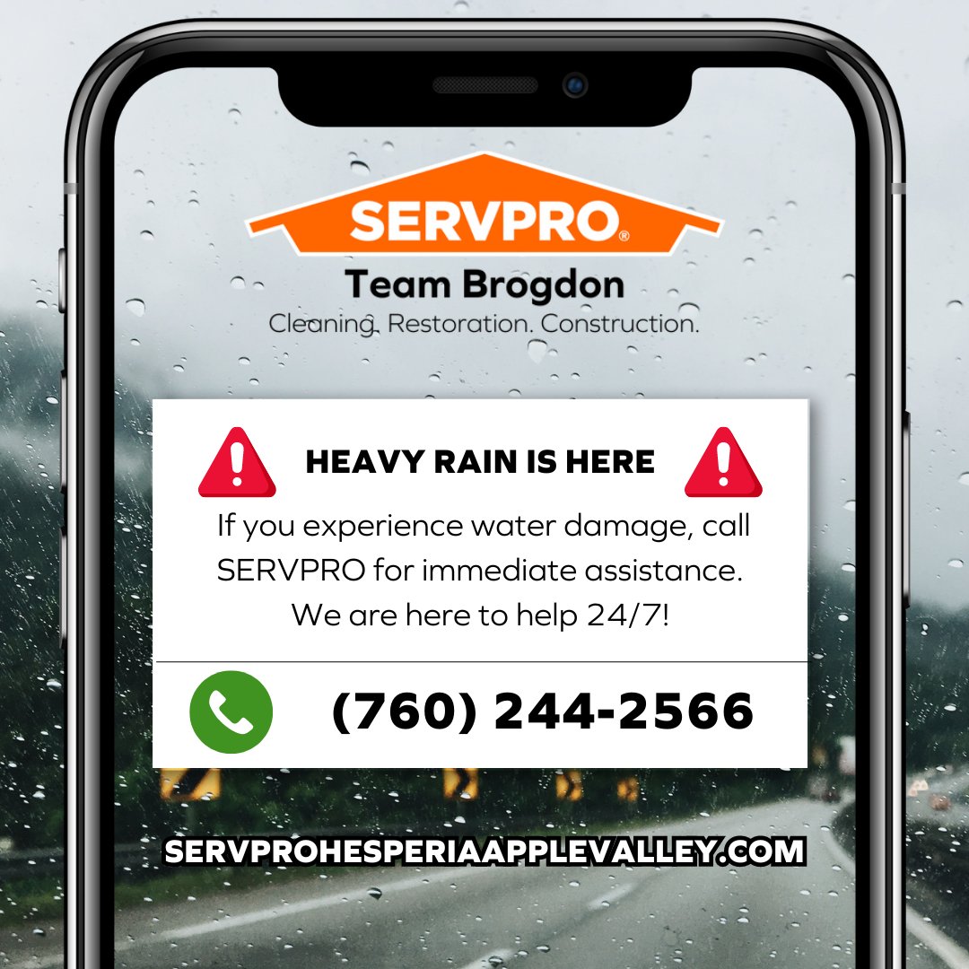 SERVPROHesperia's tweet photo. ⚠️ Heavy rain alert! . 💧 Reach out to us at 760.244.5266! Our Indio team is fully equipped with roof tarping and advanced water movers to swiftly address any issues.
Call us 24/7 #Hesperia #HighDesert #EmergencyServices #WaterRestoration #RoofTarping #CaliforniaStorm #LARain https://t.co/HRTS0K9DUm