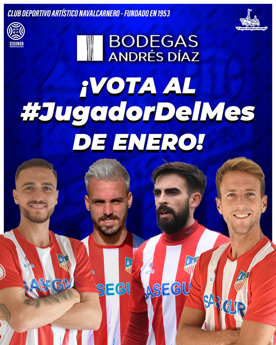 CDANavalcarnero's tweet photo. 💪 ¡Vuelve el tradicional #JugadorDelMes del @CDANavalcarnero de la mano de nuestros amigos de las @Bodegas_ADiaz! 

 👉 A continuación, en el siguiente tuit, vota al futbolista que creas que merece este premio. Tienes 24 horas para registrarlo.  

#AlNavalYoLeAmo ⛵️ https://t.co/i1NiZo3fgd