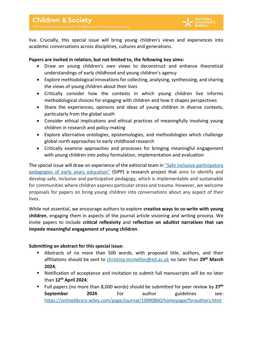 The Childhood, Law & Policy Network (CLPN) (@clpn_ac) on Twitter photo Call for articles: "Bringing young children into conversations about their lives."
For a special issue of <a href="/CandS_Journal/">Children & Society</a>, co-edited by our member <a href="/MohammedAlrozzi/">mohammed alruzzi | محمد الرزي</a>.
Abstracts due by 29 March. Call for articles: "Bringing young children into conversations about their lives."
For a special issue of <a href="/CandS_Journal/">Children & Society</a>, co-edited by our member <a href="/MohammedAlrozzi/">mohammed alruzzi | محمد الرزي</a>.
Abstracts due by 29 March.