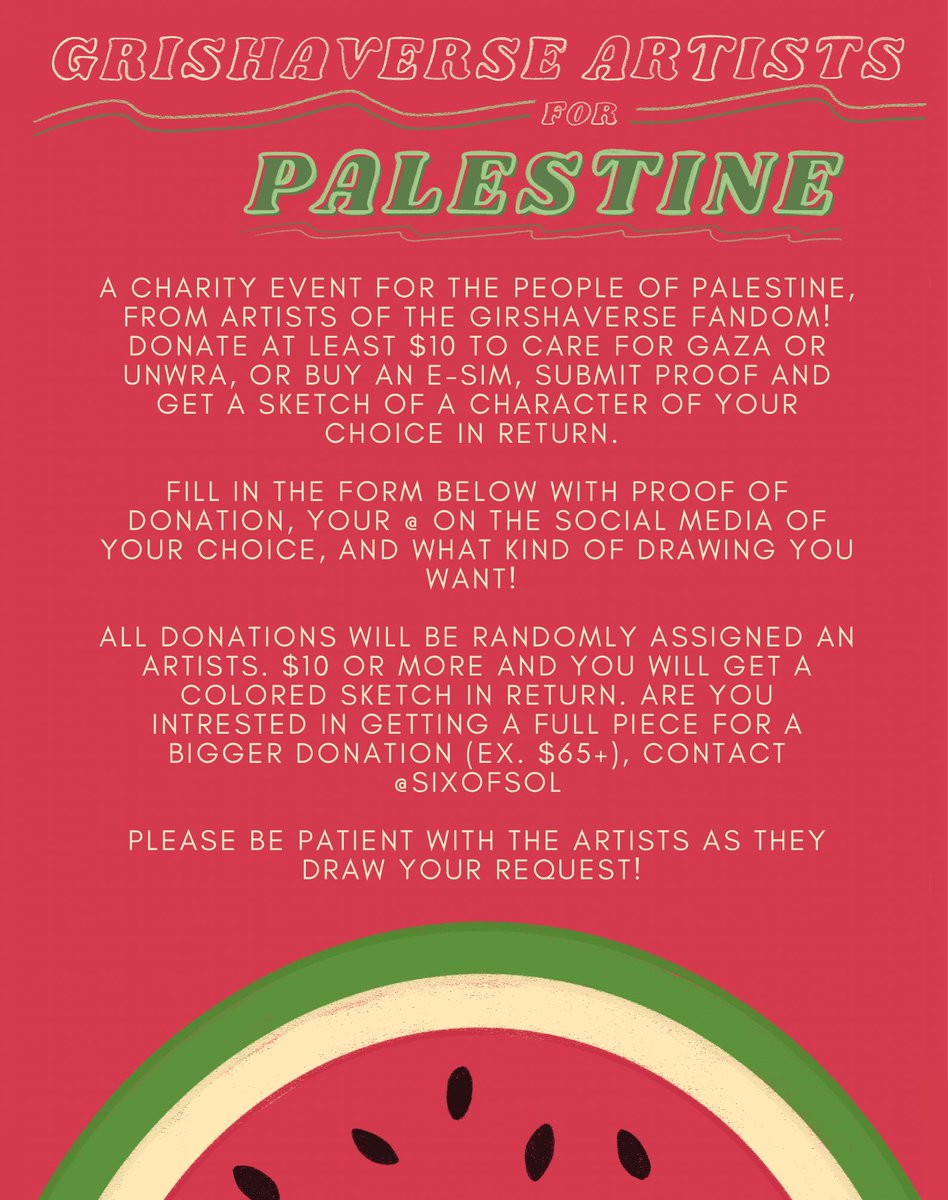 (please rt!) we are organizing a fundraiser for palestine for the grishaverse fandom! donate at least $10 to care for gaza or UNWRA/buy an e-sim and get a colored sketch in return, from one of the artists participating in this event! forms.gle/hWiNA4Mxje6Vo9…