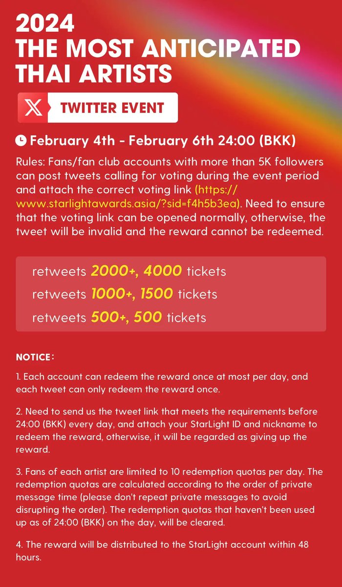 buildbrasil's tweet photo. ✨STARLIGHTAWARDS | TWITTER EVENT - 06.02.2024 | DAY 3 ✨

2023 The Most Anticipated Thai Artist 

🎯500RT = 500 Tickets
🎯1000RT = 1500 Tickets
🎯2000RT = 4000 Tickets

RT/QRT this post to claim tickets 
  
🔗https://t.co/zExQwcEtyU

Don't forget to vote and share daily 😉

Ctto.

I vote #BuildJakapan 
#STARLIGHT2024XBuildJakapan
#Beyourluve
