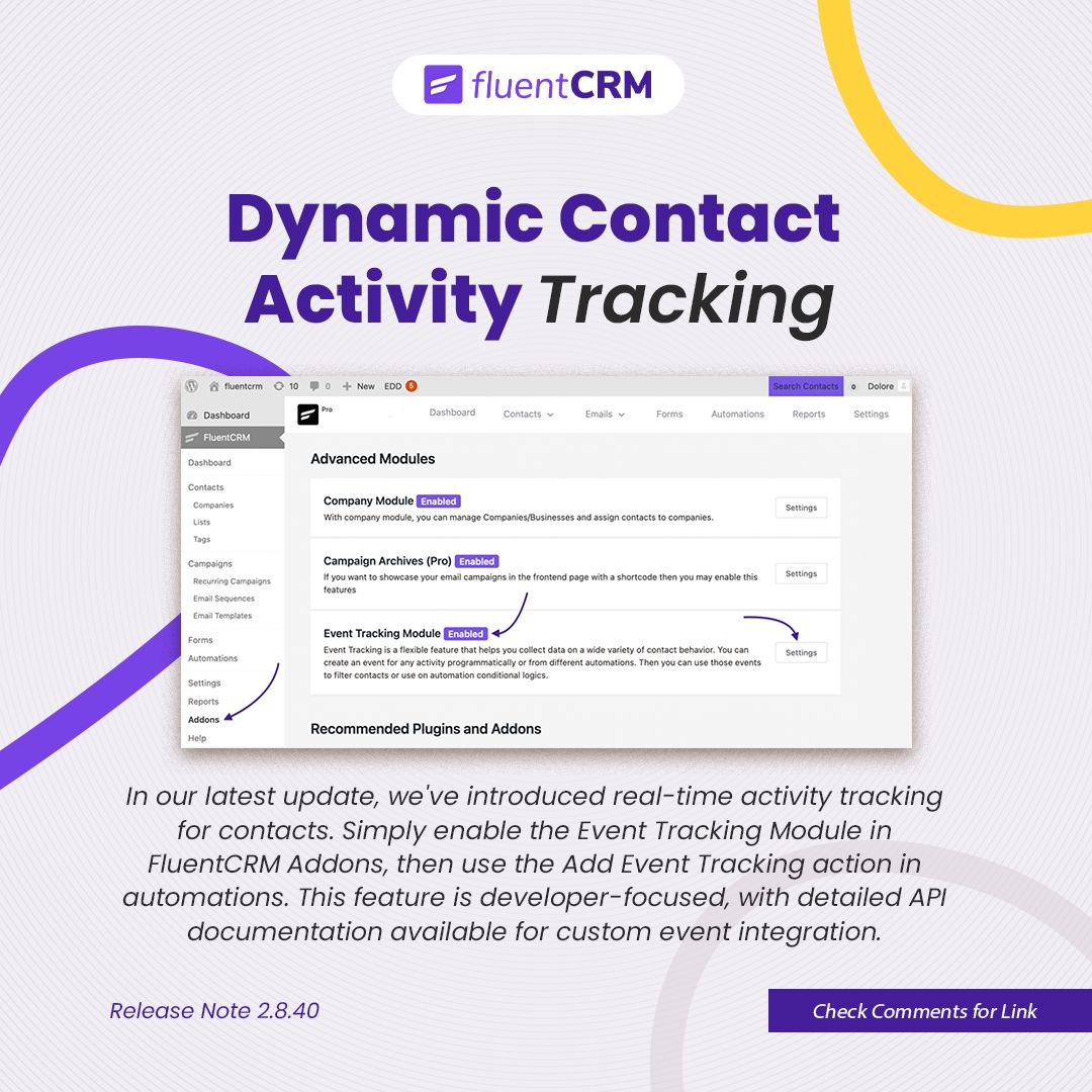 FluentCRM's tweet image. 🚀 Stay ahead of the game with FluentCRM&apos;s latest update! Get real-time insights into your contacts&apos; activities and fine-tune your strategies effortlessly. Enable Event Tracking now for a sneak peek behind the scenes. ✨ 

#FluentCRM #ActivityTracking #Update
