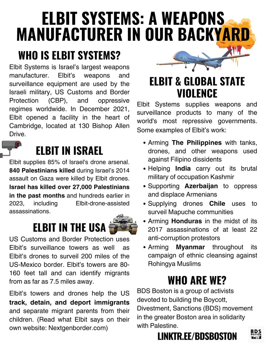 🧵with information and action steps! [1/5] As you read this, Israel is using Elbit drones, munitions, & vision systems to commit genocide against Palestinians, & U.S. Border Patrol is using Elbit drones & surveillance towers to hunt down immigrants. Elbit operates in Cambridge.