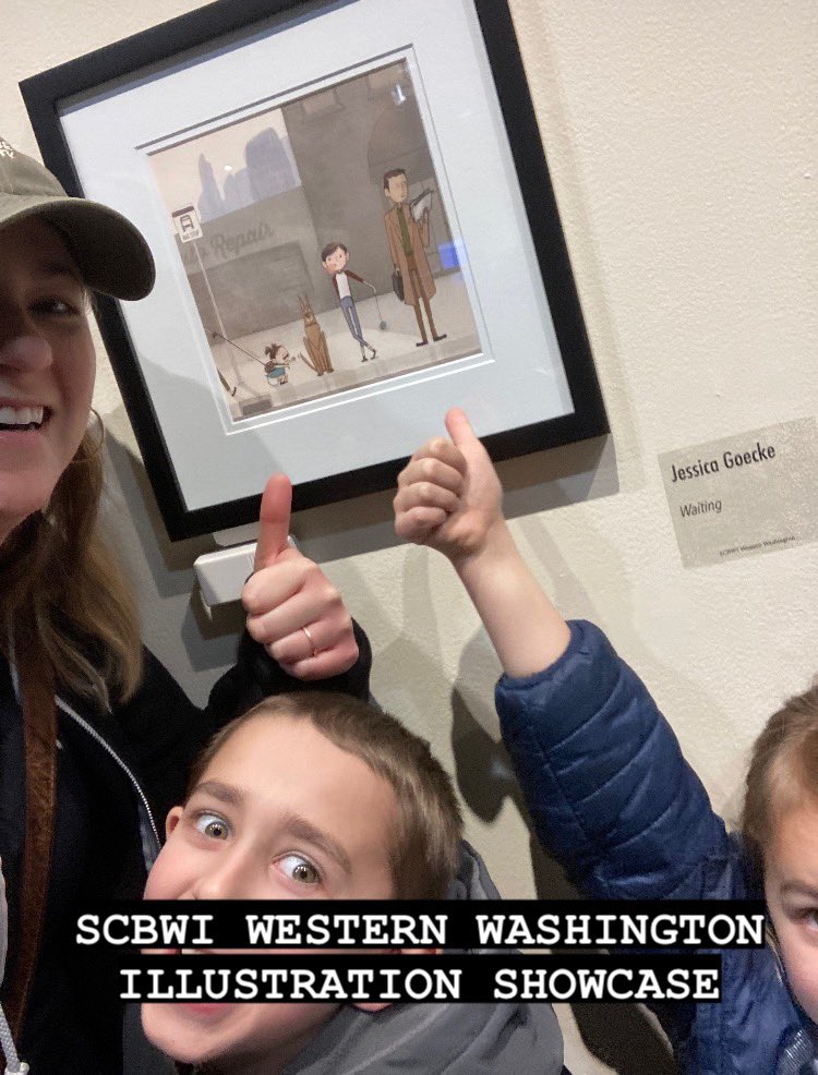 SCBWI Western WA has an exhibit at the Seattle Convention Center until July. We checked it out yesterday…so much wonderful art to take in! This is the first time I’ve ever had my art displayed for the physical public. It was pretty exciting to see my kids get excited about it.