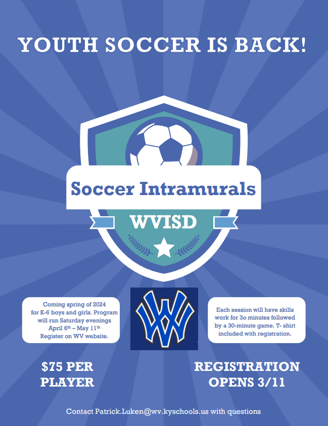 Attached, you will find information for the Spring 2024 Intramural Soccer Program for students in grades K-6.  If you have any questions, please contact our intramural director, Patrick Luken.