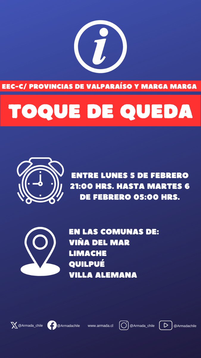 Jefatura de Defensa para las Provincias de Marga Marga y Valparaíso anuncia:

Toque de Queda para las comunas de Limache, Quilpué, Villa Alemana y Viña del Mar desde las 21:00 horas del lunes 5 de febrero hasta las 05:00 horas del martes 6 de febrero