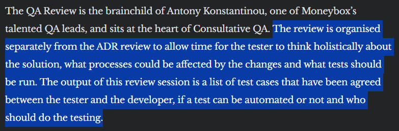 jonleigh's tweet photo. @GergelyOrosz We've been refining an approach along these lines, one that we call Consultative QA. I've written about it here: https://t.co/w7gYOcbd7R https://t.co/P8lh3wRxur
