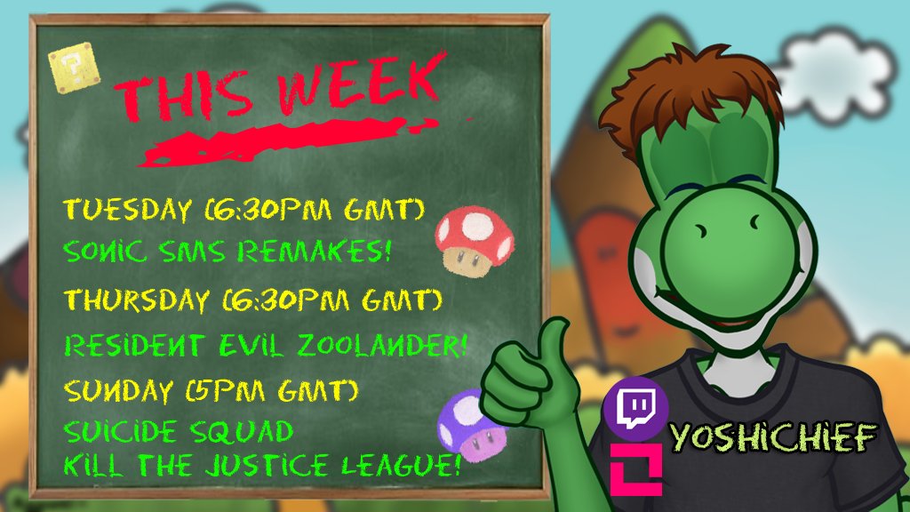 YoshiChief's tweet photo. Schedule for the week! 

Tues: Let's try some fan remakes of the Sonic Master System games! 

Thurs: More Zoolander% Resident Evil Shenanigans! 

Sun: I haven't killed any of the Justice League yet! Let's change that this week! https://t.co/PK1706jWOv