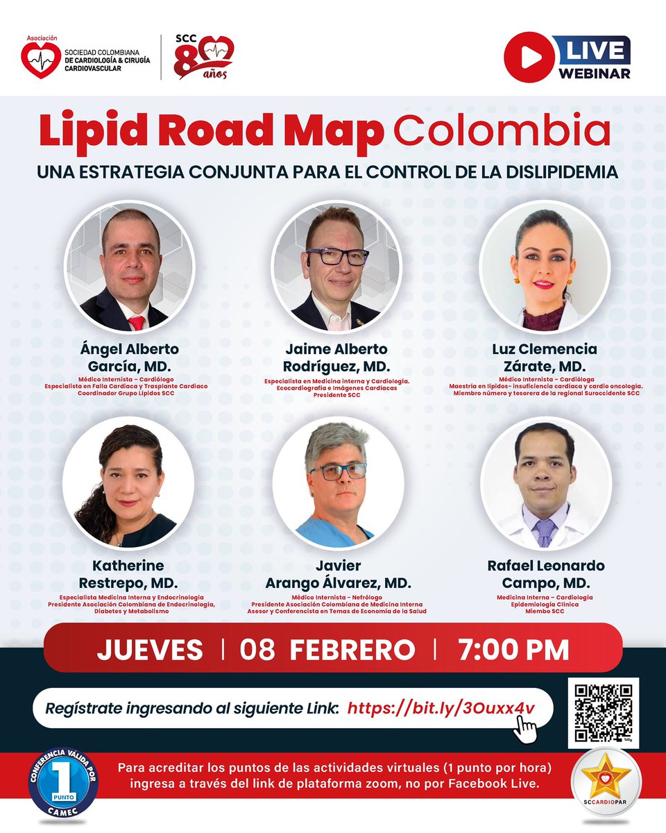 #livewebinar La SCC los invita a la próxima sesión: Lipid Road Map Colombia: una estrategia conjunta para el control de la Dislipidemia. @cardioflash 🗓️jueves 8 de febrero 🎥Transmisión en vivo por Facebook Live y Zoom 🔗bit.ly/3Ouxx4v