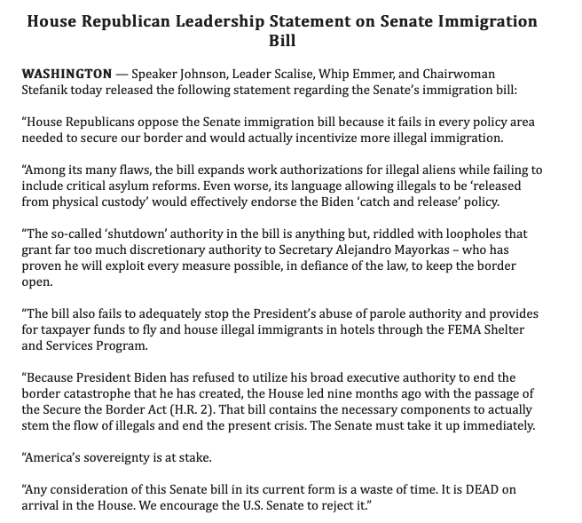 HouseGOP's tweet photo. House Republican Leadership Statement on Senate Immigration Bill 👇👇👇 https://t.co/5z3YjUBhmo