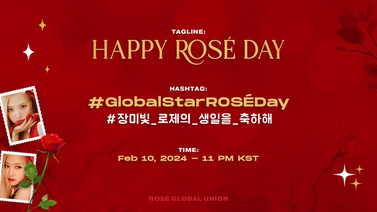 YA TENEMOS EL TAG PARA EL CUMPLEAÑOS DE ROSÉ! DIFUNDAN!

Tagline:
HAPPY ROSÉ DAY 

Hashtag:
#.GlobalStarROSÉDay 
#.장미빛_로제의_생일을_축하해 

Horarios
8:00 AM 🇲🇽 🇬🇹🇭🇳🇸🇻🇳🇮🇨🇷
9:00 AM 🇨🇴🇵🇪🇪🇨🇵🇦
10:00 AM 🇻🇪🇧🇴🇵🇷🇨🇺🇩🇴
11:00 AM 🇦🇷🇧🇷🇺🇾🇨🇱🇵🇾
4:00 PM 🇪🇸