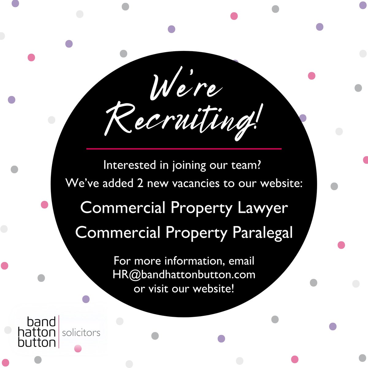 Interested in joining our team?

We're looking for a Commercial Property Lawyer with 3-5 PQE and an experienced Commercial Property Paralegal to join our busy Commercial Property department.

Head over to our website to find out how to apply!

bandhattonbutton.com/about/careers/

#recruiting
