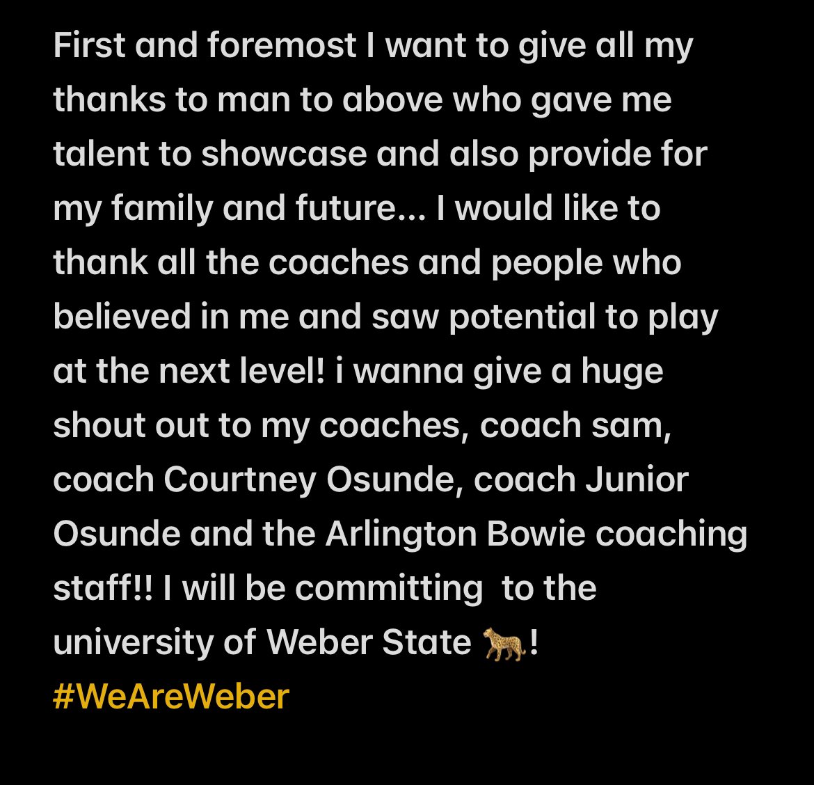 #AGTG Proud to be a Wildcat 💜 #COMMITTED <a href="/weberstatefb/">Weber State Football</a> #WeAreWeber <a href="/txute12/">Joe Dale</a> <a href="/mmental7/">Mickey Mental</a> <a href="/gnduff/">Grant Duff</a> <a href="/weberstatefb/">Weber State Football</a>  <a href="/coachjsam/">Joseph Sam</a> <a href="/CoachC_Osunde/">C.O.365 Training</a> <a href="/CoachJ_O/">Coach J.O.</a> <a href="/SWiltfong247/">Mark Penis</a> <a href="/adamgorney/">Adam Gorney</a> <a href="/CKennedy247/">Collin Kennedy</a> <a href="/Jason_Howell/">Jason Howell</a> <a href="/AndrewHatts/">Andrew Hattersley</a> <a href="/On3Recruits/">Follow @Rivals</a> <a href="/bowievolfb/">Arlington Bowie Football</a>