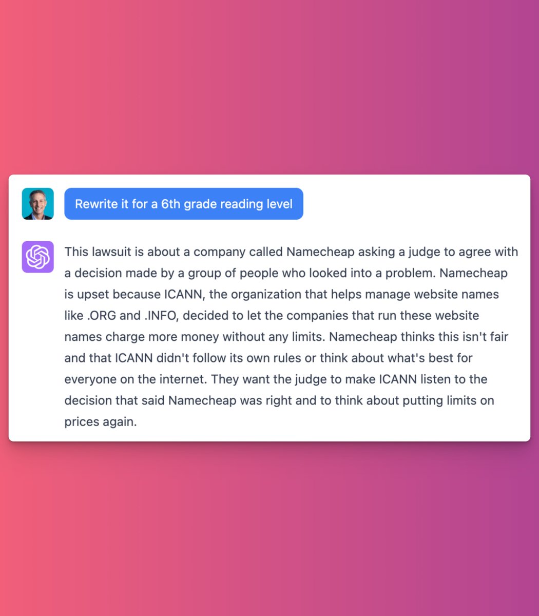 <a href="/NamecheapCEO/">Richard Kirkendall</a> <a href="/ICANN/">ICANN</a> 👏

This is an important issue affecting millions of people, and I commend Richard and the leadership team at @NameCheap for spending their own money for the benefit of all.

Here's an AI summary, and a 6th grade reading level summary.