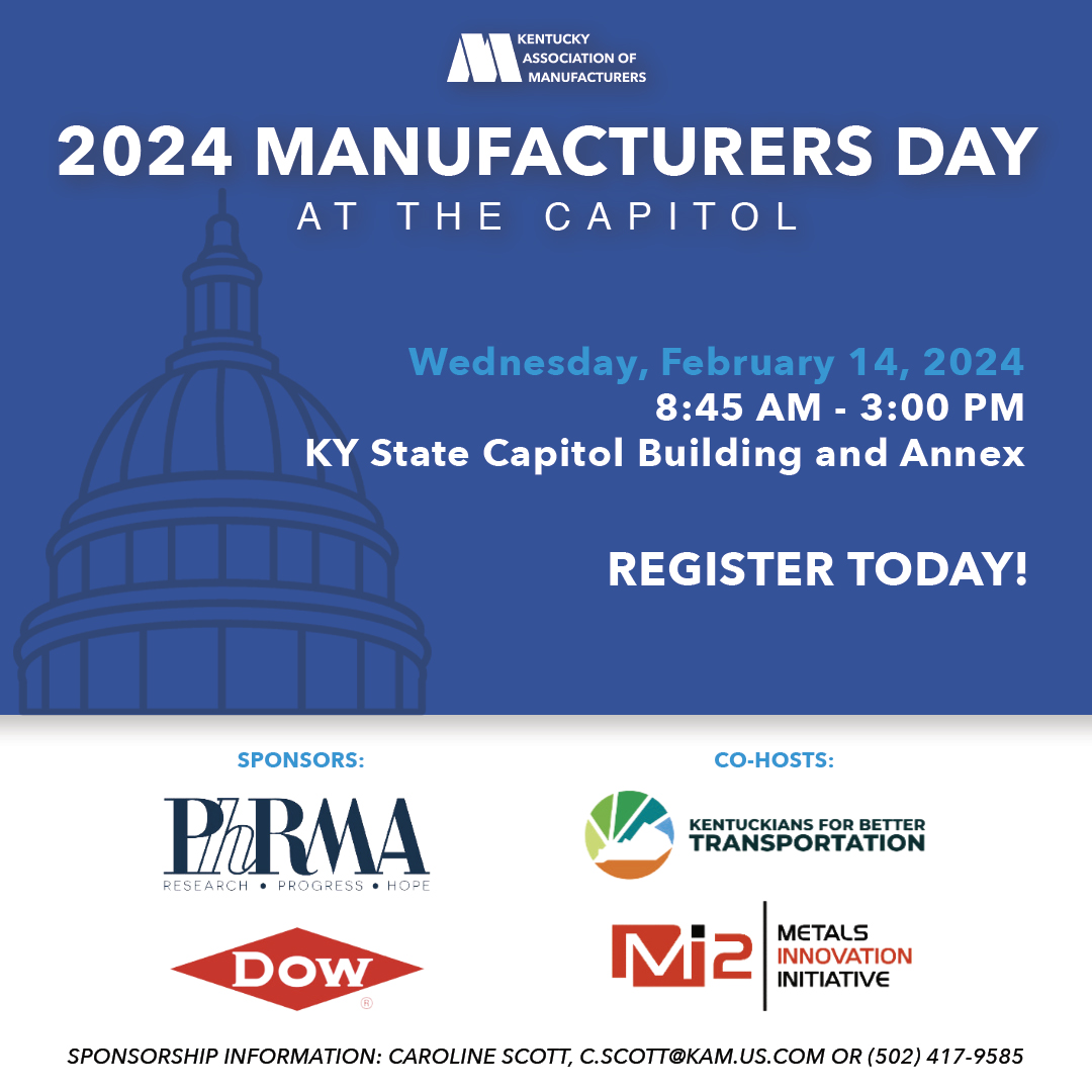 kymanufacturing's tweet photo. Join us Feb. 14 at the State Capitol for our 2024 Manufacturers Day at the Capitol!

Register today: https://t.co/zvnxJzVPAz

#KAM #kymfg #kentuckymanufacturers #manufacturersday https://t.co/Eay4Kyy0fk