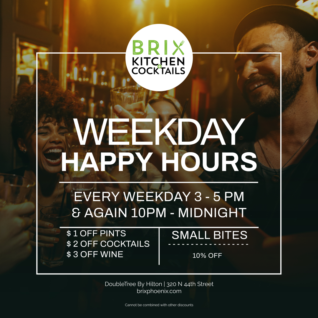 DoubletreePhx's tweet photo. 🎉 Join us for a great Happy Hour at BRIX Kitchen+Cocktails! 🍹🍔 Start your evening with great drinks, delicious bites, and fantastic vibes! #HappyHour #BRIXperience #CheersToGoodTimes 🥂 https://t.co/6nSwMv6jLD