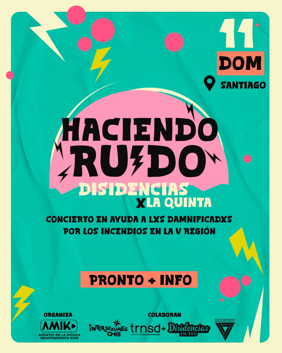 HACIENDO RUIDO: Disidencias por la Quinta 🏳️‍🌈✊🏽

Este domingo 11 de febrero realizaremos un concierto con artistas LGBTIQANB+ en ayuda a lxs damnificadxs por los incendios en la V región

Pronto más infromación.