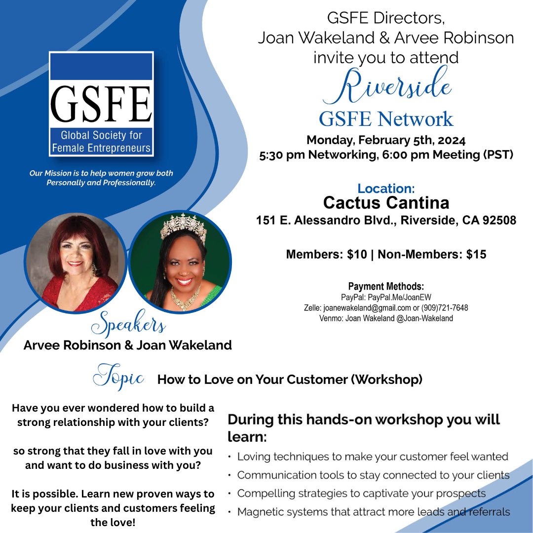 The GSFE Networking Meeting is happening TONIGHT, February 5th, 2024. Join us to learn How To Love On Your Customer! Learn new proven ways to keep your clients and customers feeling the love!

#RiversideEvents #RiversideCA #inpersonevent