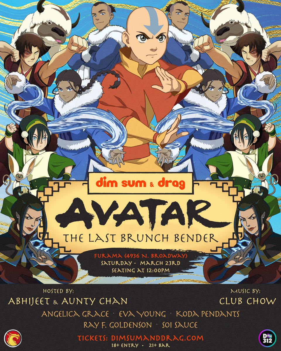 dim sum & drag presents: AVATAR THE LAST BRUNCH BENDER this is the live action you deserve - 3/23 at furama 🌬️🌊⛰️🔥 hosted by me & @auntycherrychan music by @kevinchowder shows by @hottransgirl @drevayoung koda pendants @rayofgoldenson @soi_is_sauce DIMSUMANDDRAG.COM