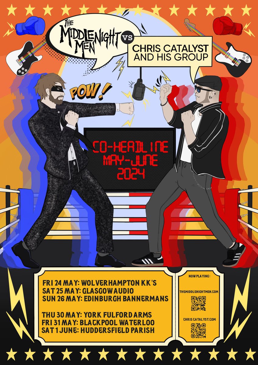 We’re doing a run of UK dates in May/June, at a selection of our favourite independent venues in Wolverhampton, Glasgow, Edinburgh, York, Blackpool and Huddersfield!

Co-headline with our pals <a href="/middlenightmen/">themiddlenightmen</a>.

Tickets at chriscatalyst.com/gigs

Brill poster by <a href="/unholyclergy/">dusk</a>