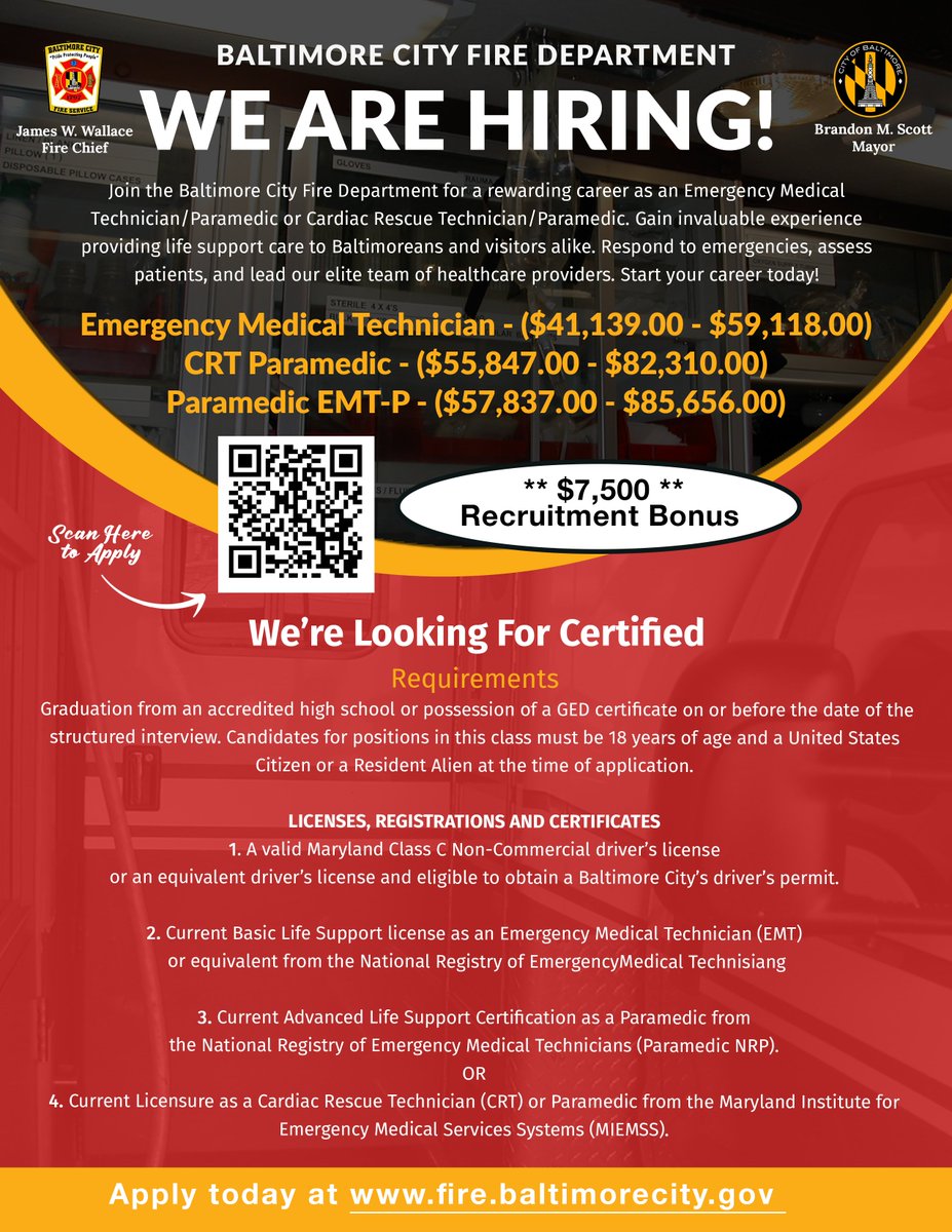 BaltimoreFire's tweet photo. Join the Baltimore City Fire Department for a rewarding career as an EMT/Paramedic or Cardiac Rescue Technician/Paramedic. Gain valuable experience providing life support care to Baltimoreans and visitors. Start your career today! #BCFDfire #Wearehiring https://t.co/N72dEp8TuB