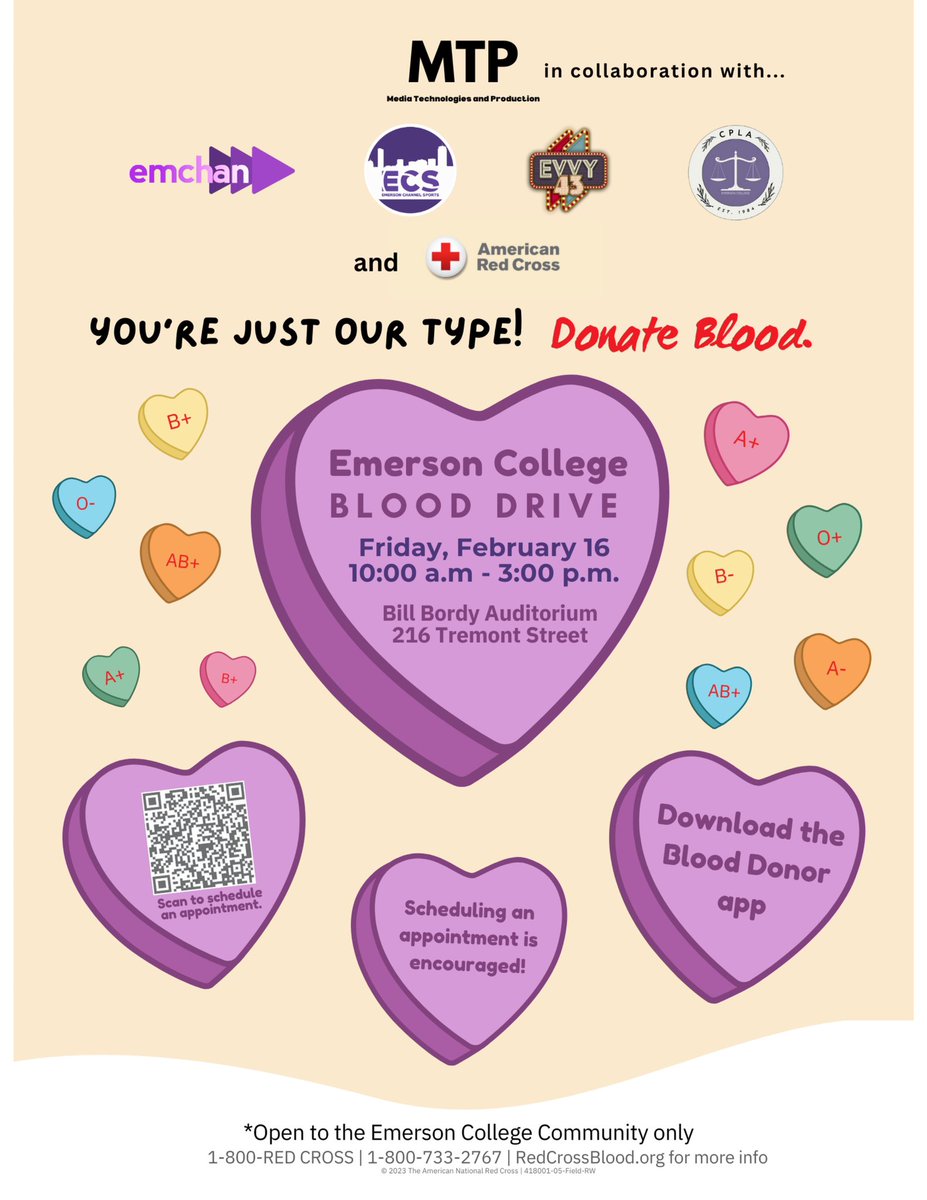 Save the date: we’re once again partnering with the American Red Cross for the Emerson College Blood Drive!

If you want to support a good cause and donate, scan the QR code above to schedule an appointment and we’ll see you on the 16th!

instagram.com/p/C2-WCEIOn4z/…