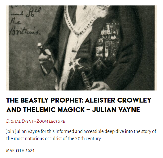 Tonight's Lecture - The Beastly Prophet: Aleister Crowley and Thelemic Magick - Julian Vayne #BeastlyProphet #AleisterCrowley #ThelemicMagick #JulianVayne @TheLastTuesdayS thelasttuesdaysociety.org/event/the-beas…