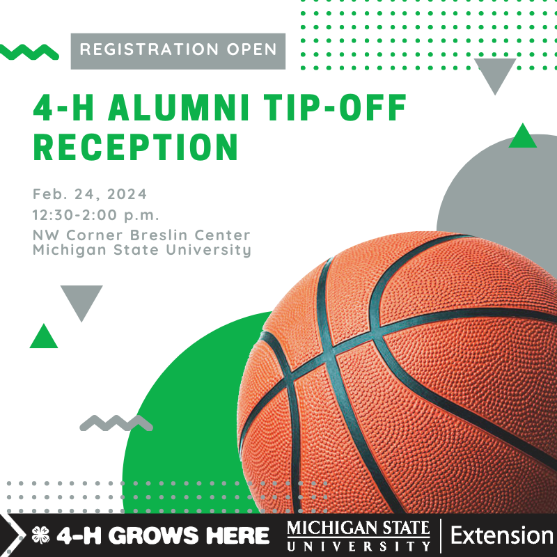 There are just a few days left to register for the Michigan 4-H Alumni Tip-Off Reception on February 24! This is a free event but advanced registrations are required by Feb. 11. canr.msu.edu/events/4-h-alu…