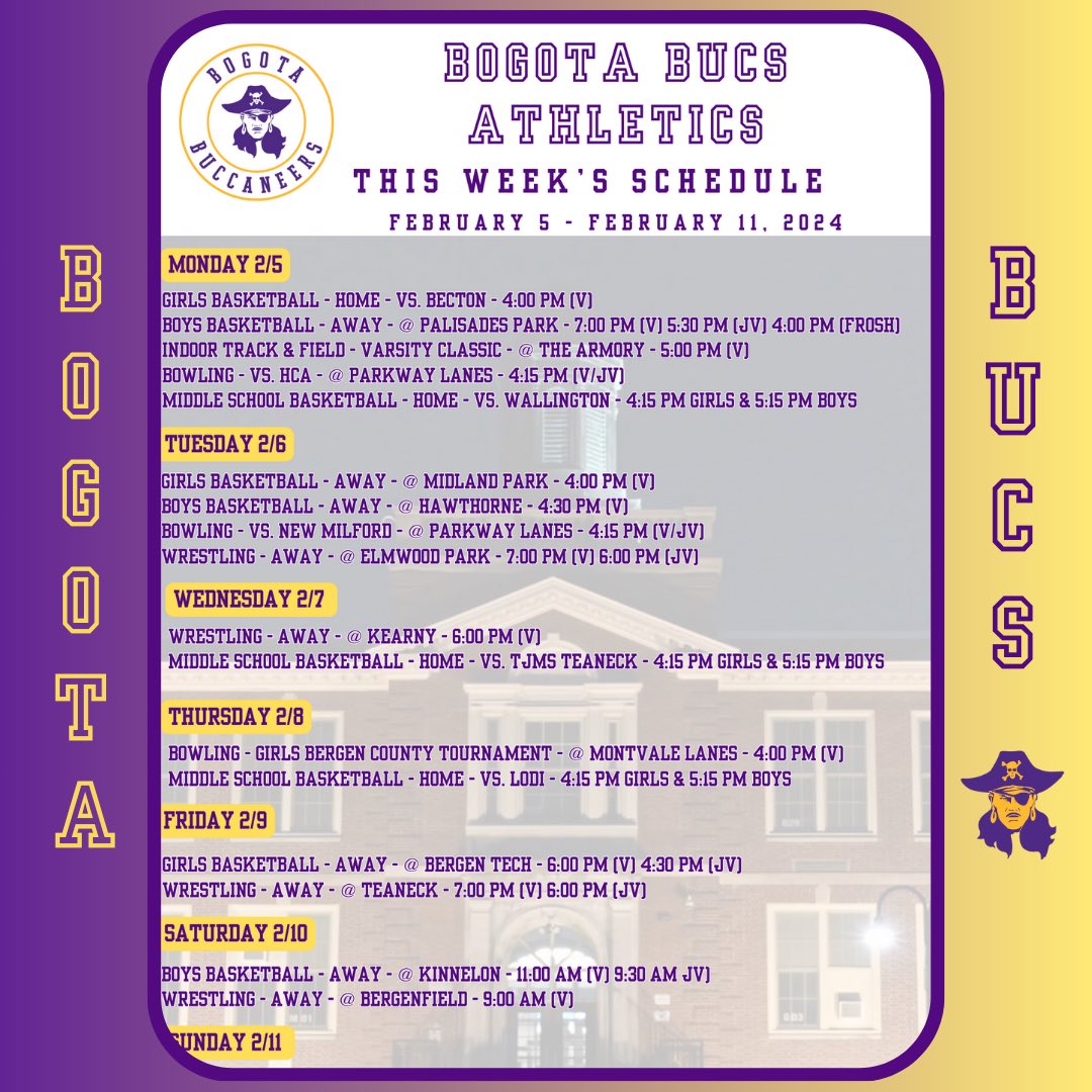 Bogota Bucs (@bogotaathletics) on Twitter photo Here's a look at this week's schedule of athletic events. Best of luck to all of our student-athletes and coaches! Go Bucs! <a href="/BogotaPublic/">Bogota Public Schools</a> <a href="/BogotaHigh/">Bogota Jr./Sr. High School</a> <a href="/bogotablognj/">Bogota Blog NJ</a> Here's a look at this week's schedule of athletic events. Best of luck to all of our student-athletes and coaches! Go Bucs! <a href="/BogotaPublic/">Bogota Public Schools</a> <a href="/BogotaHigh/">Bogota Jr./Sr. High School</a> <a href="/bogotablognj/">Bogota Blog NJ</a>