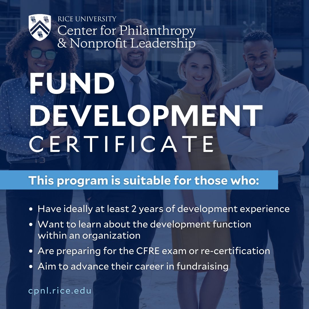 ContinueRice's tweet image. Unlock the keys to successful fundraising with @RiceUniversity&apos;s Fund Development Certificate. Choose from a variety of elective courses to build your customized program. 🌟 Learn more now: bit.ly/3UjJTjx #funddevelopment #nonprofitleader #RiceUniversity