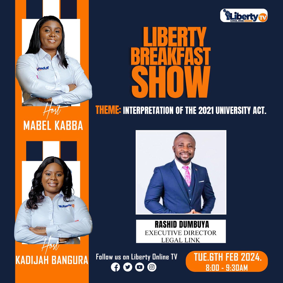 Amidst the ongoing dispute between the Ministry of Technical and Higher Education and the USL Administration, we'll have Rashid Dumbuya Esq., Executive Director for Legal Links, on tomorrow's Liberty Breakfast Show to offer an in-depth interpretation of the 2021 University Act.