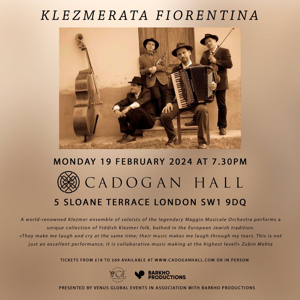 BarkhoProd's tweet photo. 🎻Experience a night of Yiddish music with “Klezmerata Fiorentina” - a unique quartet of lead performers at the iconic Cadogan Hall. 🎶

In London for one night only, so book now to avoid disappointment. 

🎟️ *Tickets*: https://t.co/2VnbDhiZ1y https://t.co/InE5lNpqLD