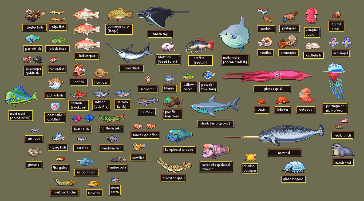 Progress on my fish set so far. #pixelart 

Great suggestions so far, many fun and interesting water-dwellers and fish.