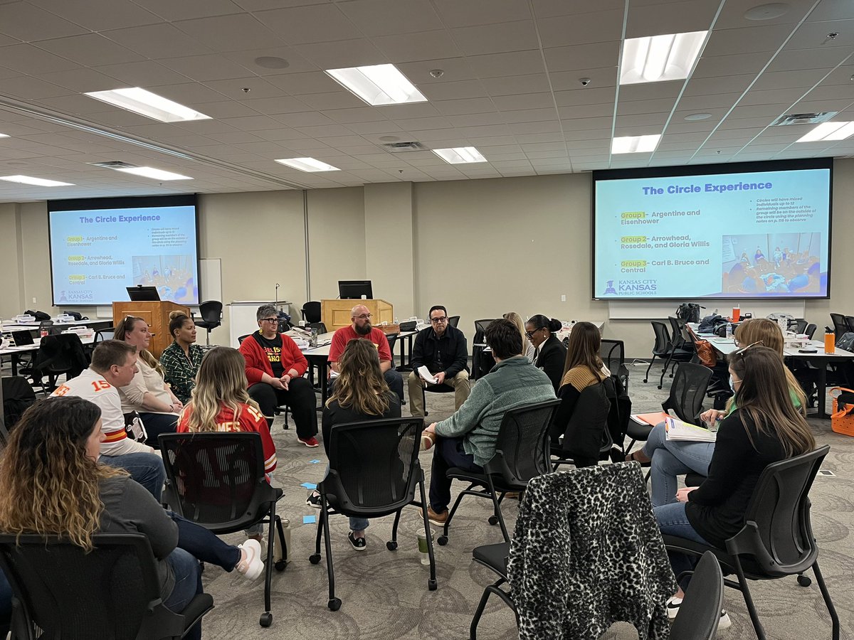 Today, MTSS site teams continue their professional development around restorative practices led by <a href="/DrJWilson1906/">Jermaine Wilson, Ph.D.</a> . We enjoyed practicing restorative circles! #BetterEveryDay #StudenSuccess <a href="/kckschools/">Kansas City, Kansas Public Schools</a>